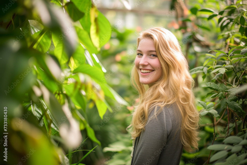 Beautiful young woman smiling in the botanical garden. Tropical background. Beautiful young woman smiling in the botanical garden. Tropical background.