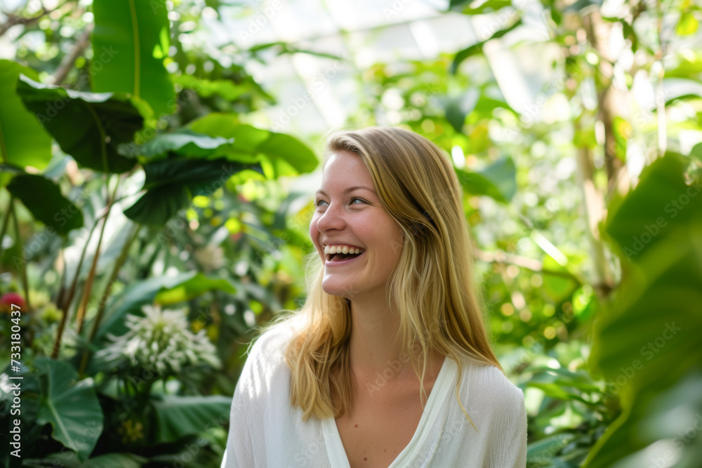 Beautiful young woman smiling in the botanical garden. Tropical background. Beautiful young woman smiling in the botanical garden. Tropical background.