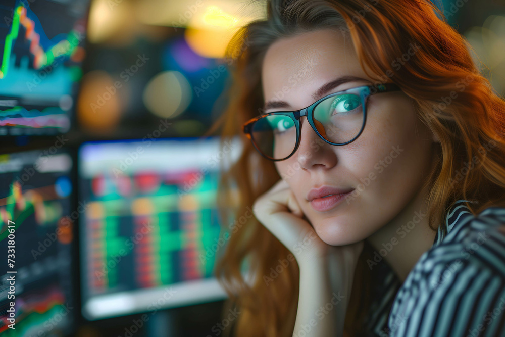 Female trader working on computer, analysis and research data for invest in stock and currency market Female trader working on computer, analysis and research data for invest in stock and currency market