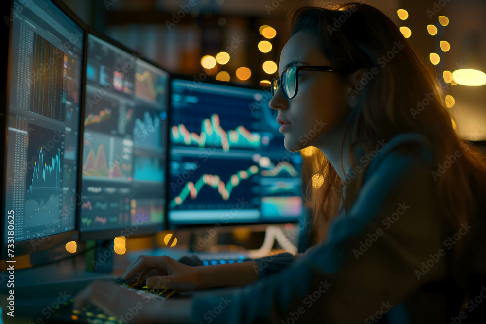 Female trader working on computer, analysis and research data for invest in stock and currency market Female trader working on computer, analysis and research data for invest in stock and currency market