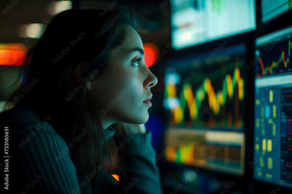 Female trader working on computer, analysis and research data for invest in stock and currency market Female trader working on computer, analysis and research data for invest in stock and currency market