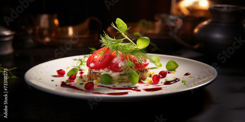 Chef to table, finely decorated delicious restaurant dish. Haute Cuisine Food.