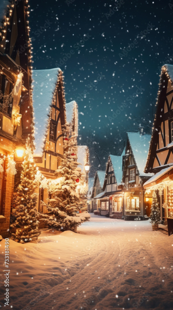 Christmas village with Snow in vintage style at night. Winter village landscape with Christmas tree with lights.