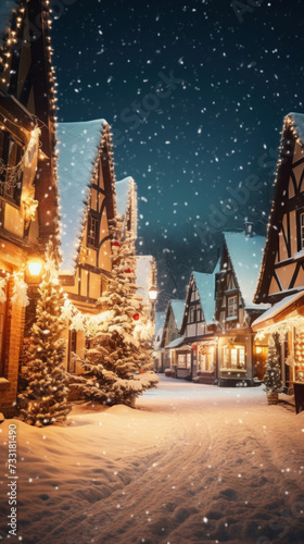 Christmas village with Snow in vintage style at night. Winter village landscape with Christmas tree with lights.