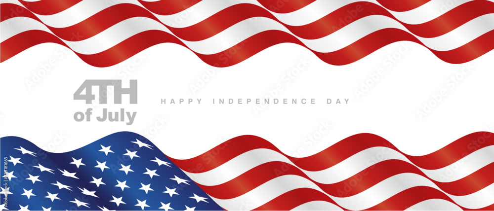 4th July Happy Independece Day banner. USA blue white red waving flag ribbon on white background 4th July Happy Independece Day banner. USA blue white red waving flag ribbon on white background