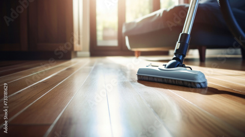 Wallpaper Mural Close up of Floor cleaning with cleanser foam and vacuum cleaner at home. Cleaning tools on parquet floor. Torontodigital.ca