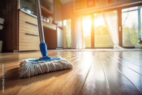 Wallpaper Mural Close up of Floor cleaning with mob with cleanser foam at home. Cleaning tools on parquet floor. Torontodigital.ca
