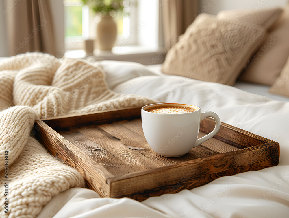 Wooden tray with a white coffee mug on the bed