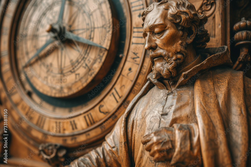 Statue of a man with a clock in the background, close-up