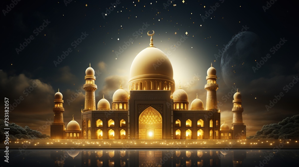 Mosque dome with golden moon light at night. Islamic Ramadan Kareem banner background design. - obrazy, fototapety, plakaty 