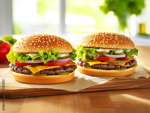 two hamburgers with side dishes on a wooden board