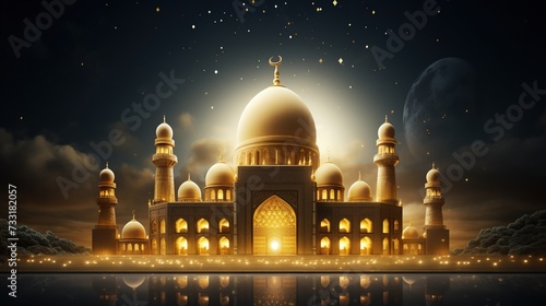 Mosque dome with golden moon light at night. Islamic Ramadan Kareem banner background design. photo