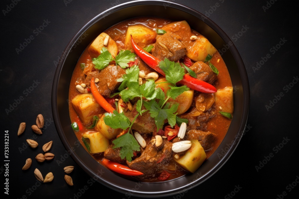 Massaman Beef Curry, a flavorful Thai dish, served in a bowl. Massaman Beef Curry, a flavorful Thai dish, served in a bowl.