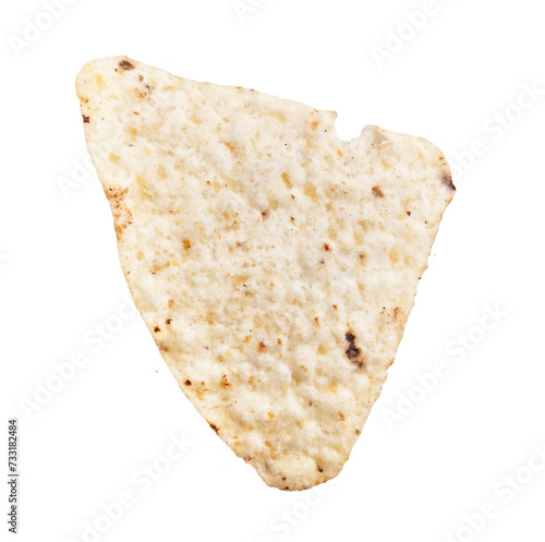 Close-up of a single tortilla chip isolated on a white background, suggestive of mexican cuisine and snacking. photo