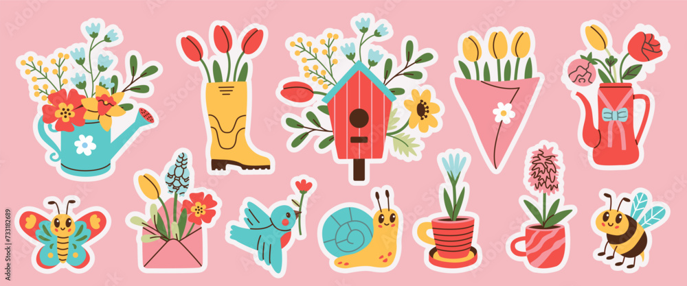 Stickers set of spring hand drawn elements. Floral decor. Flowers, branches, bouquets, watering can, teapot, birdhouse.