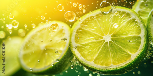 Close up of Lemon and lime slices drop in fizzy sparkling water, juice refreshment. photo
