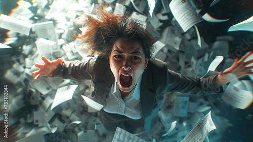 Overwhelmed Businesswoman Engulfed in Paperwork Avalanche photo