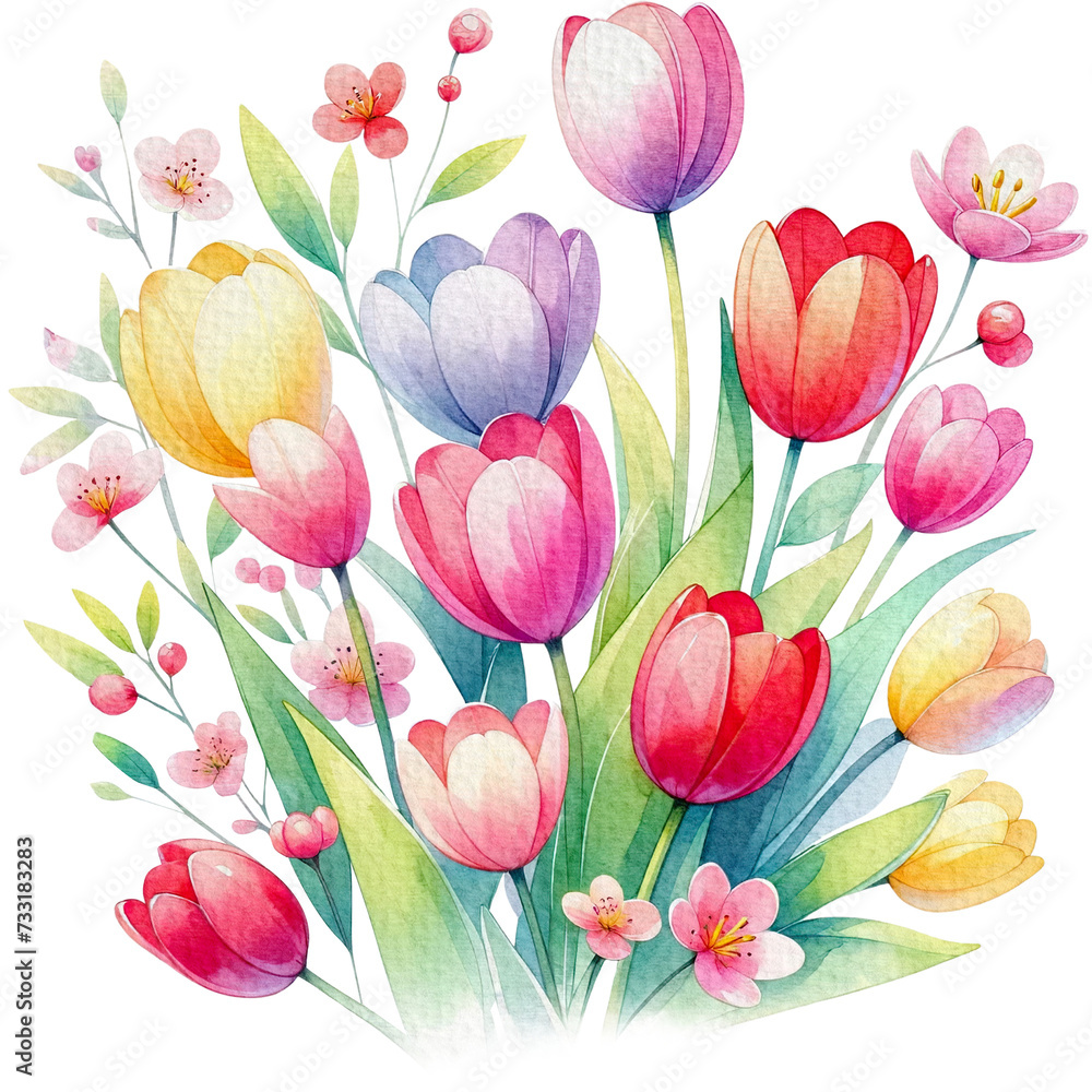 Tulips floral spring watercolor border decoration art.