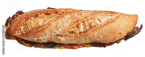 A crusty delicious ciabatta sandwich with fresh greens, succulent bacon, and melted cheese isolated on a white background.