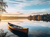 A small boat is sitting on the water in a calm lake, AI
