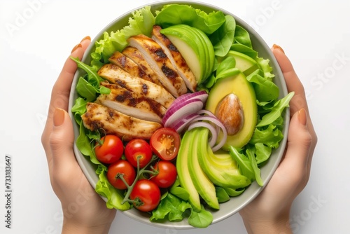 top view salad bowl with avocado chicken tomatoes and green leaves holding by women hands healty eating concept,space for copy or inscription 