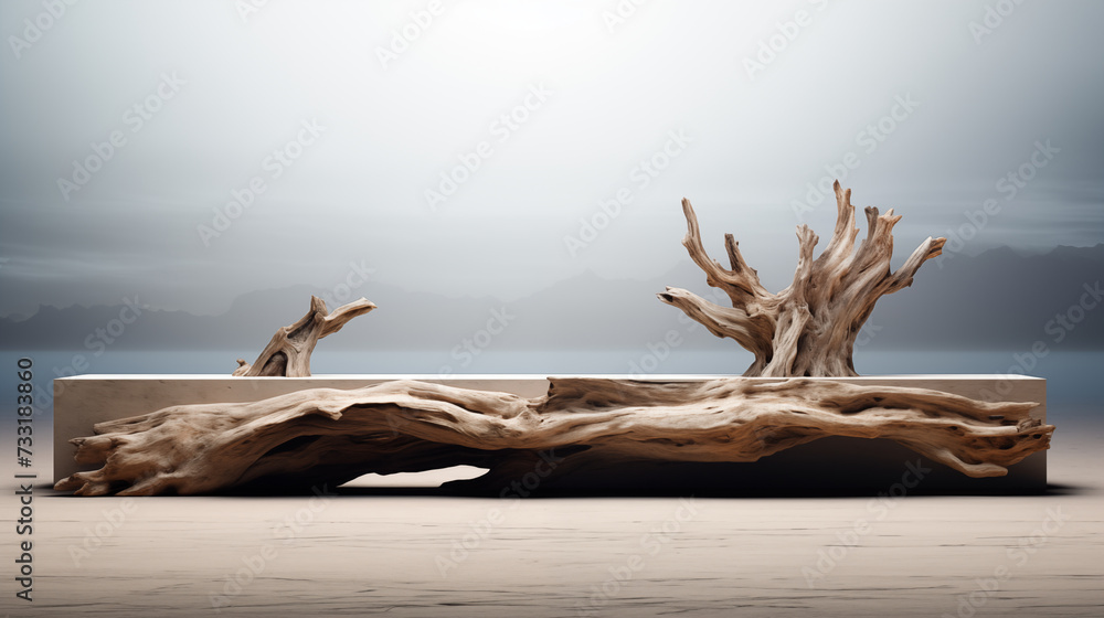 Modern Beach with Driftwood, Sand Waves Ocean Sunset Sun Product Advertising Mockup Background Isolated Empty Blank Plate Podium Pedestral Table Stand Mockup Presentation Podest
