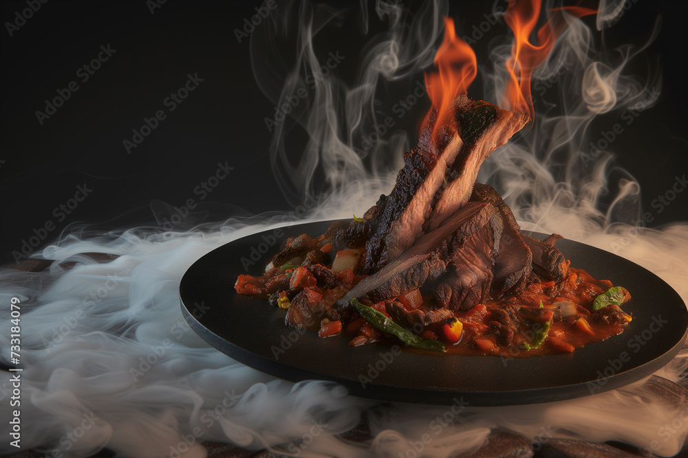 Grilled steak with garnish on a dark plate with steam Grilled steak with garnish on a dark plate with steam