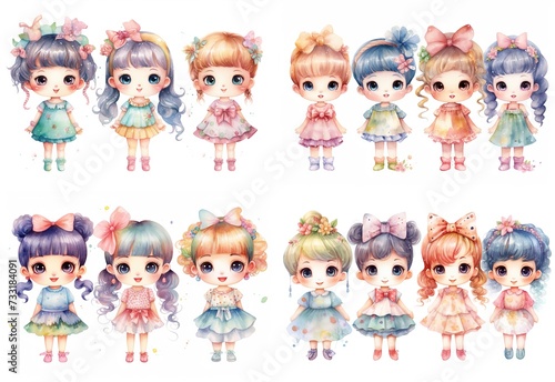 watercolor painting style illustration of cute happy spring  girls  isolated on white background  collection set   generative Ai  
