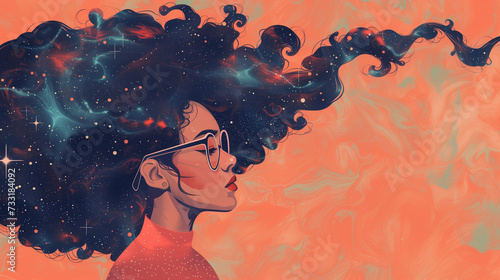 Artistic Portrait of a Woman with Cosmic Hair, Stars, and Nebula Imagery