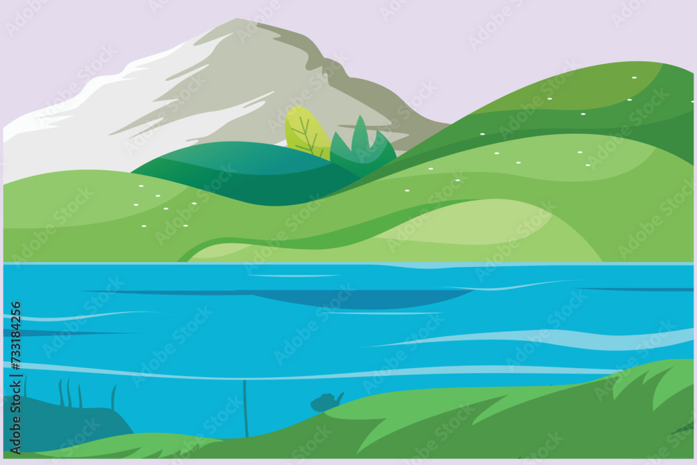 Landscape with green grass, trees, sky horizon and Mountains. Nature concept. Colored flat vector illustration isolated.