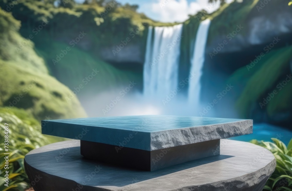 blank podium from rock; blurred Bali nature with waterfall on background; light natural blue and gray colors.