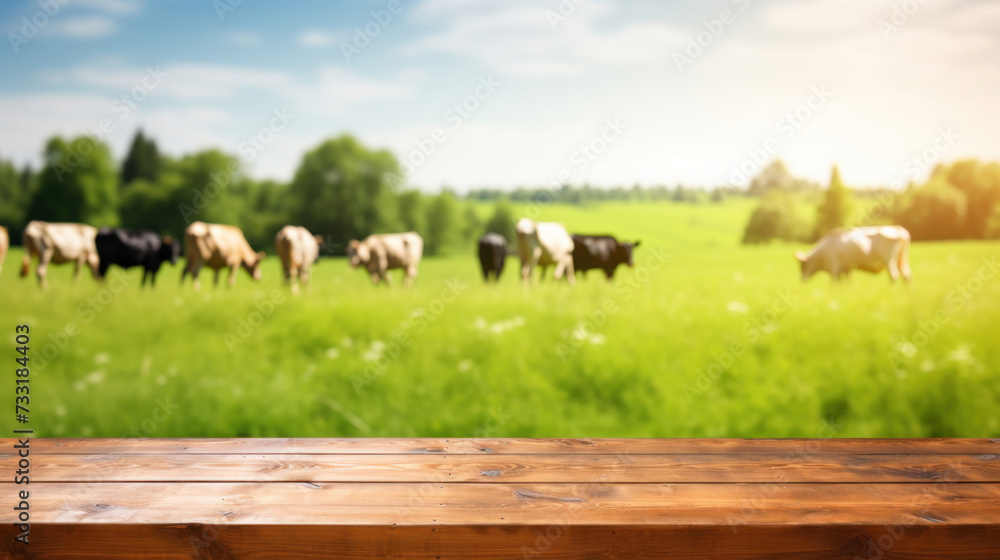 Obraz premium Empty wooden table top with blur green meadow, cows on a grass field during the summer background.