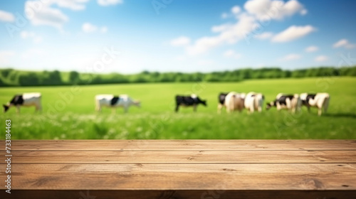 Fototapeta Naklejka Na Ścianę i Meble -  Empty wooden table top with blur green meadow, cows on a grass field during the summer background.