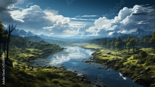 A top view of a serene lake surrounded by dense forests, with blue skies and fluffy clouds reflecting in the calm waters, creating a tranquil and reflective scene