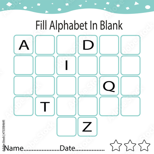 Fill the missing alphabet worksheet page for children, online education, kids activity