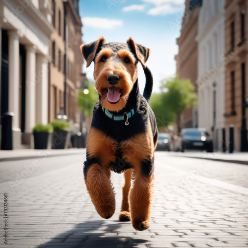 happy airedale terrier dog running in the city sidewalk. Generative Ai © Alexander