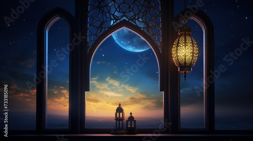 Mosque window with Islamic lantern, crescent moon light, stars and night sky view. Ramadan Kareem concept background photo