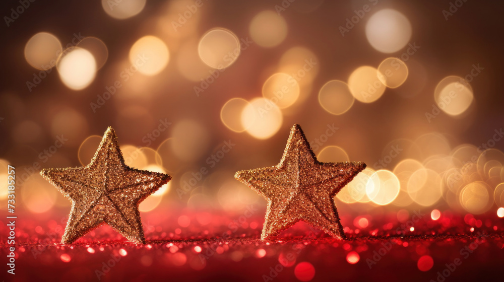 Gold christmas stars with christmas glowing golden red on a red blurred bokeh background. Gold christmas stars with christmas glowing golden red on a red blurred bokeh background.
