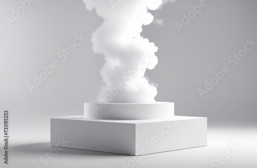 Square white pedestal on a white background, against a background of smoke. © Vero