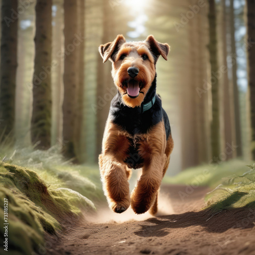 happy airedale terrier dog running in the forest. Generative Ai © Alexander