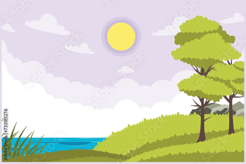 Landscape with green grass  trees  sky horizon and Mountains. Nature concept. Colored flat vector illustration isolated.