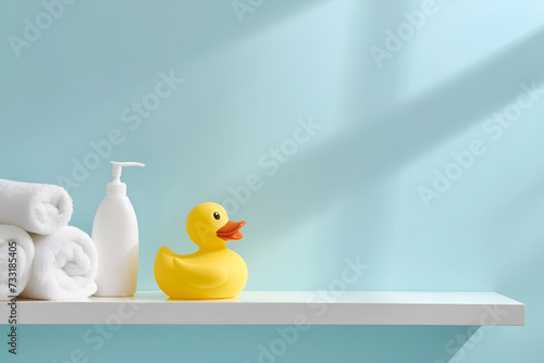 Mock up of baby bath products: bottle for shampoo (shower gel, lotion, oil), rubber duck, towels on blue background. Copy space for text. Concept of baby bath accessories. AI Generative