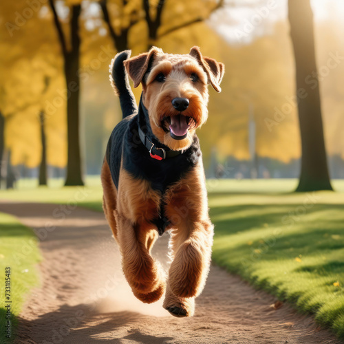 happy airedale terrier dog running in the city park. Generative Ai © Alexander
