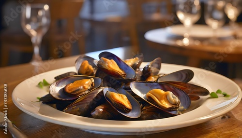 Plate of cooked and shelled mussels on a restaurant table. Portion of seafood. photo
