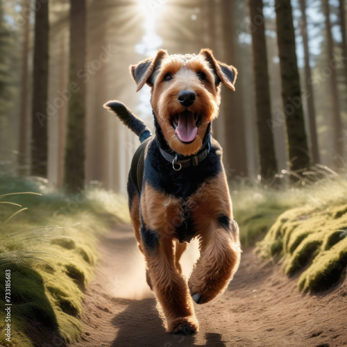 happy airedale terrier dog running in the forest. Generative Ai © Alexander