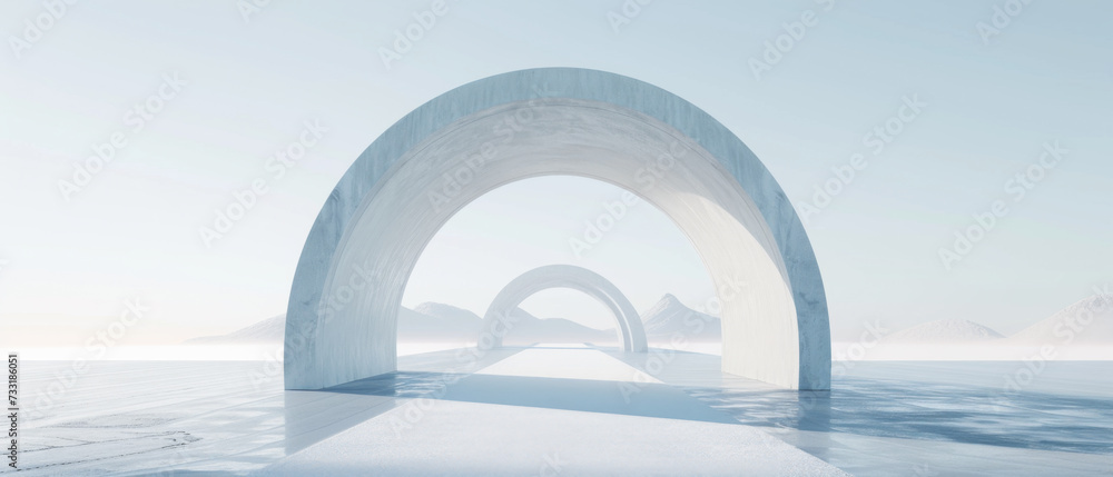 An abstract archway  of minimalist cityscapes.