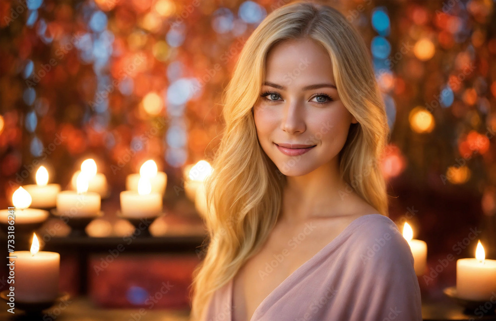 Young blonde woman in a warm an cozy environnement - AI generated Young blonde woman in a warm an cozy environnement - AI generated