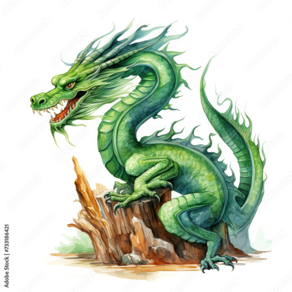 Obraz premium Green wooden dragon symbol 2024. Chinese new year 2024 year of the green wood dragon. Watercolor.