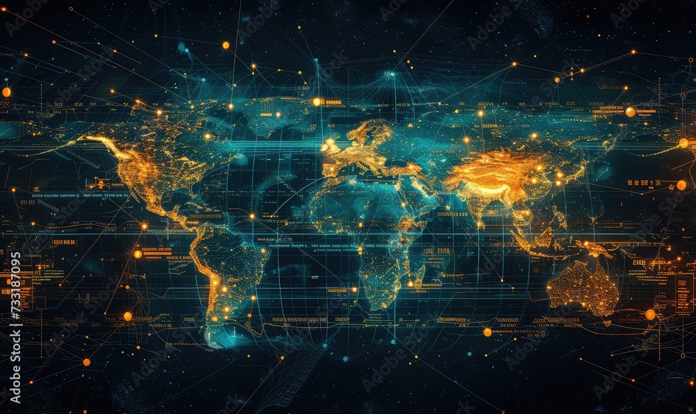 a screen with a digital map of the world with network connections between nations representing international trading, color palette of blue and yellow - obrazy, fototapety, plakaty 