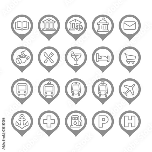 Location map pin and bus, subway station icon set. Restaurant, hotel and hospital vector icons, editable stroke.